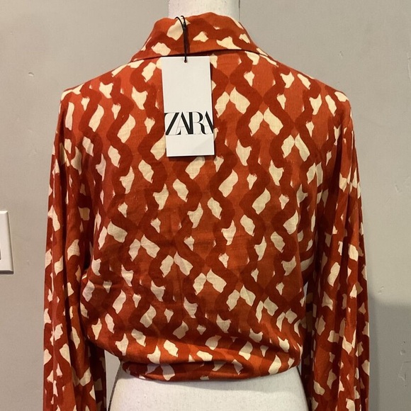 MNWT ZARA Linen Blend Geometric Print Boho Long Sleeve Crop Top Terracott… - Picture 9 of 11